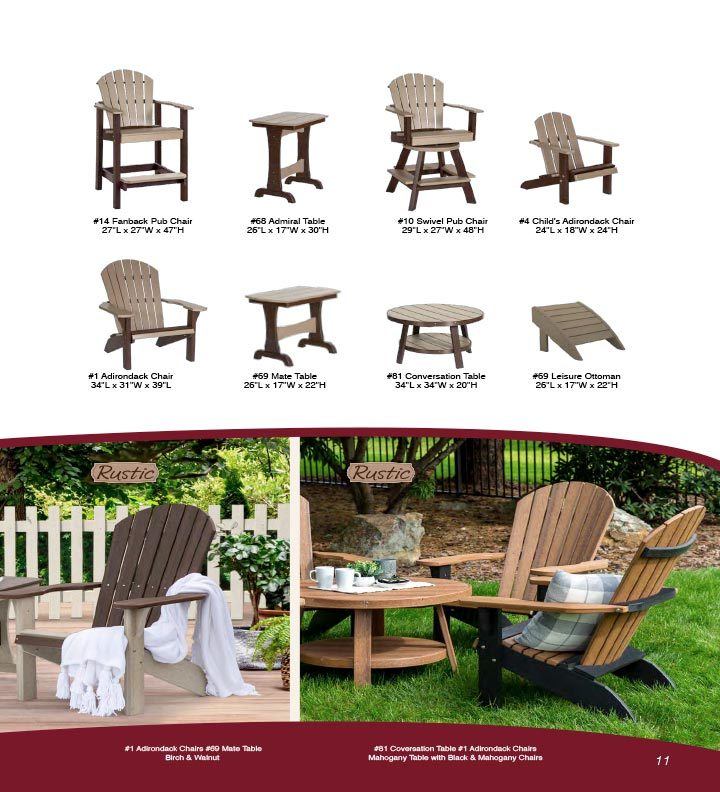 Various adirondack chairs and small tables.