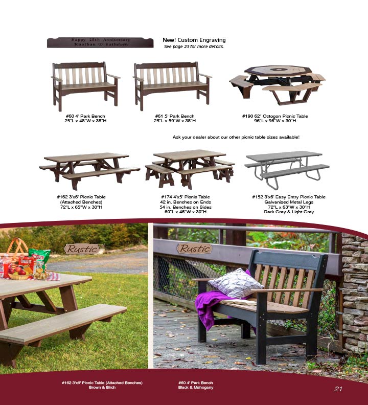 Various benches and picnic tables.