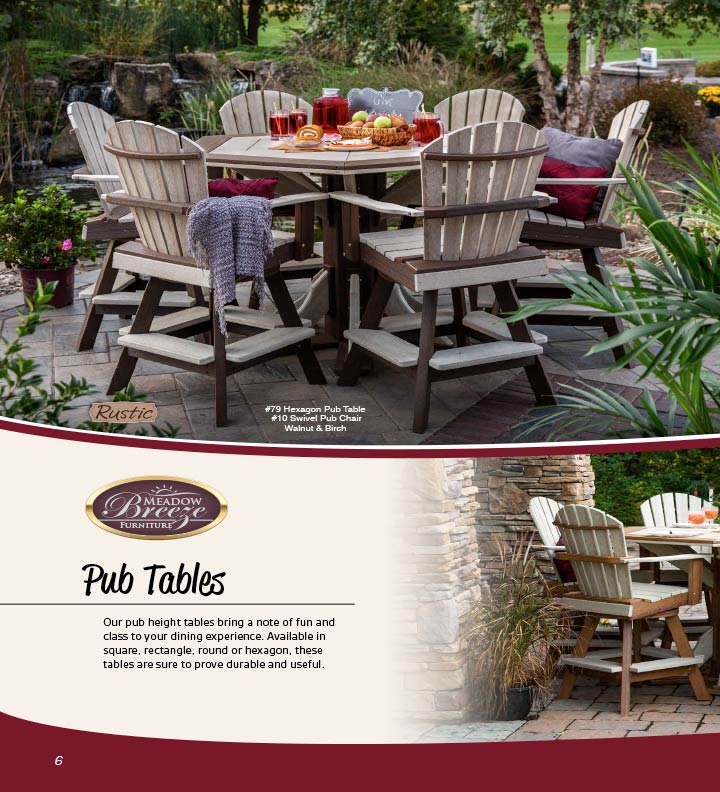 Wooden pub-height table and chairs before a rocky waterfall.