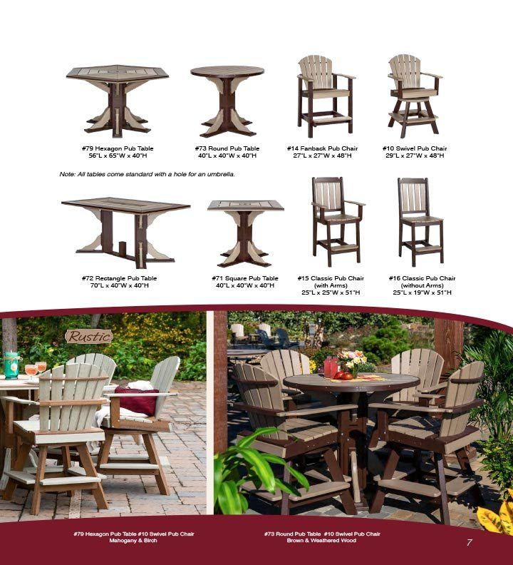 Various shapes and sizes of wooden tables and chairs.