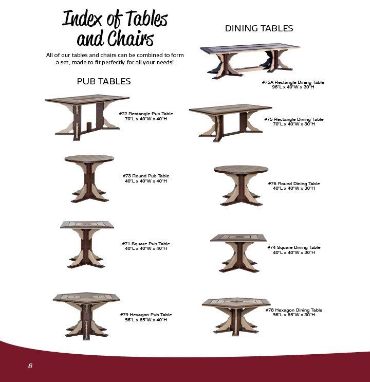 Various shapes and sizes of wooden pup tables and dining tables.